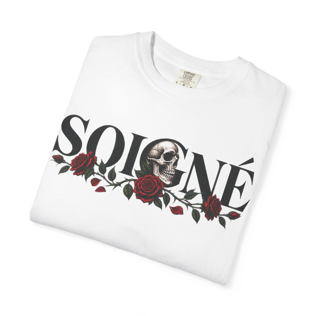 Solene Rose Graphic T‑Shirt — Skull & Red Rose Gothic Tee blk font