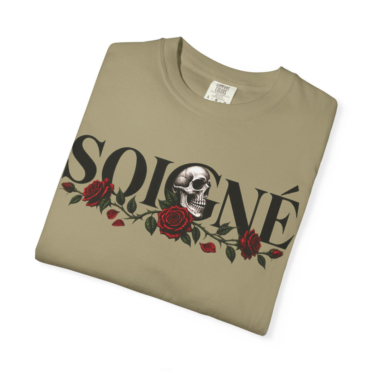 Solene Rose Graphic T‑Shirt — Skull & Red Rose Gothic Tee blk font