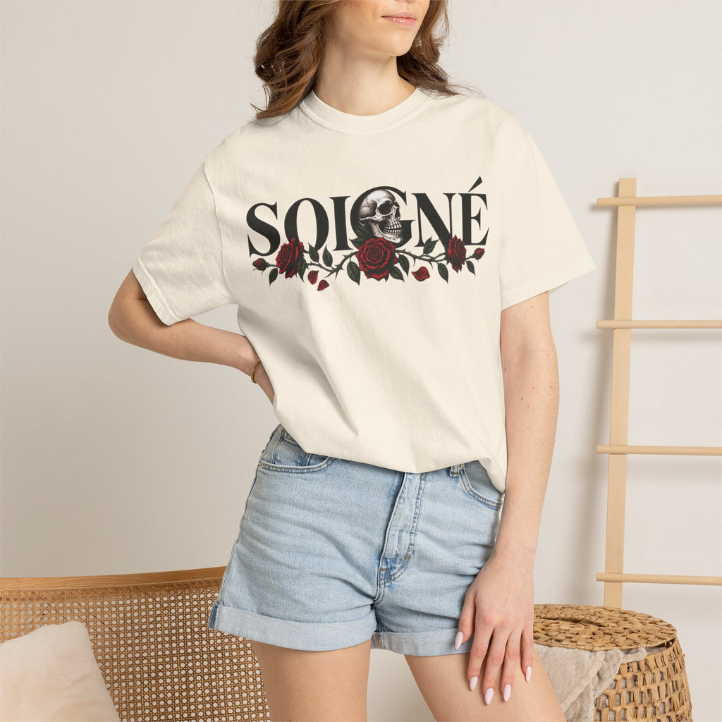 Solene Rose Graphic T‑Shirt — Skull & Red Rose Gothic Tee blk font