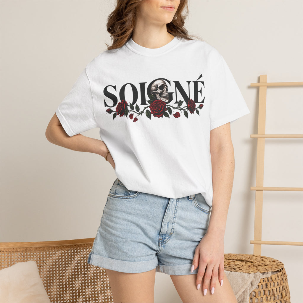 Solene Rose Graphic T‑Shirt — Skull & Red Rose Gothic Tee blk font