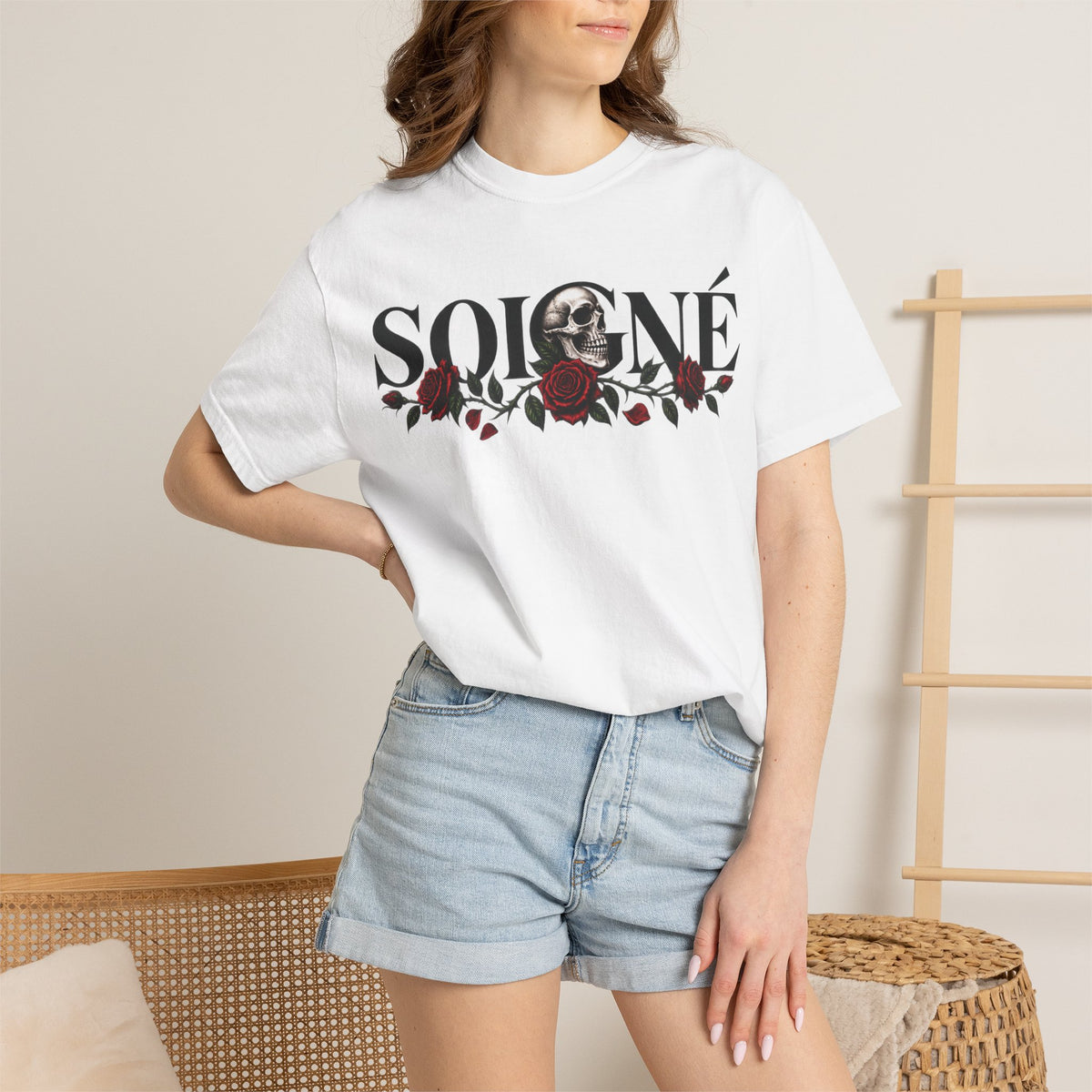 Solene Rose Graphic T‑Shirt — Skull & Red Rose Gothic Tee blk font