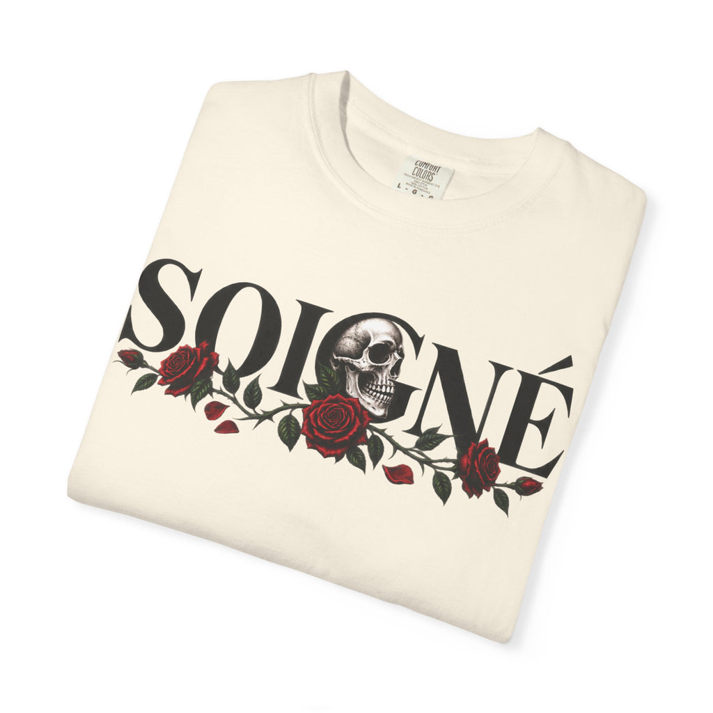 Solene Rose Graphic T‑Shirt — Skull & Red Rose Gothic Tee blk font