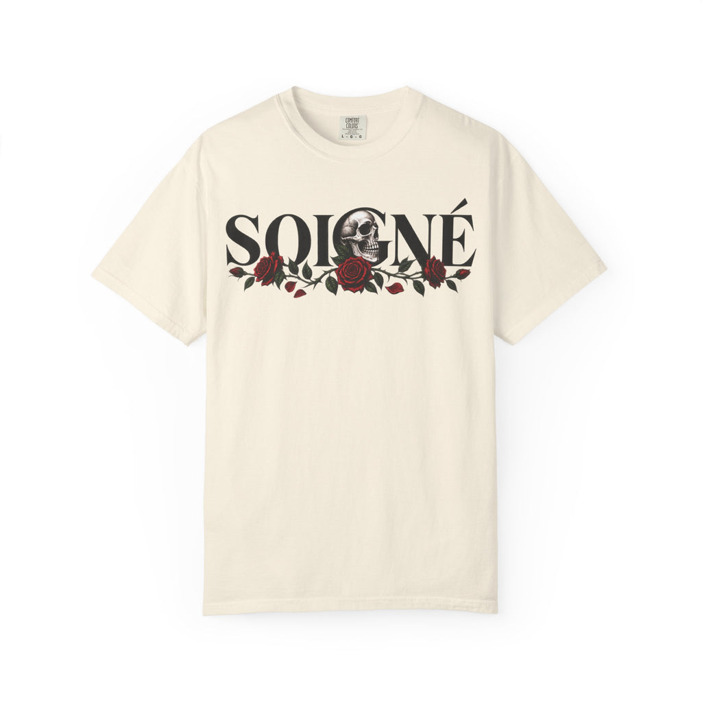 Solene Rose Graphic T‑Shirt — Skull & Red Rose Gothic Tee blk font