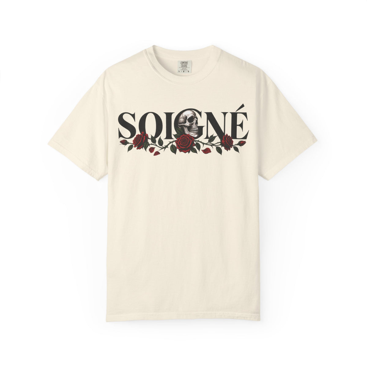 Solene Rose Graphic T‑Shirt — Skull & Red Rose Gothic Tee blk font