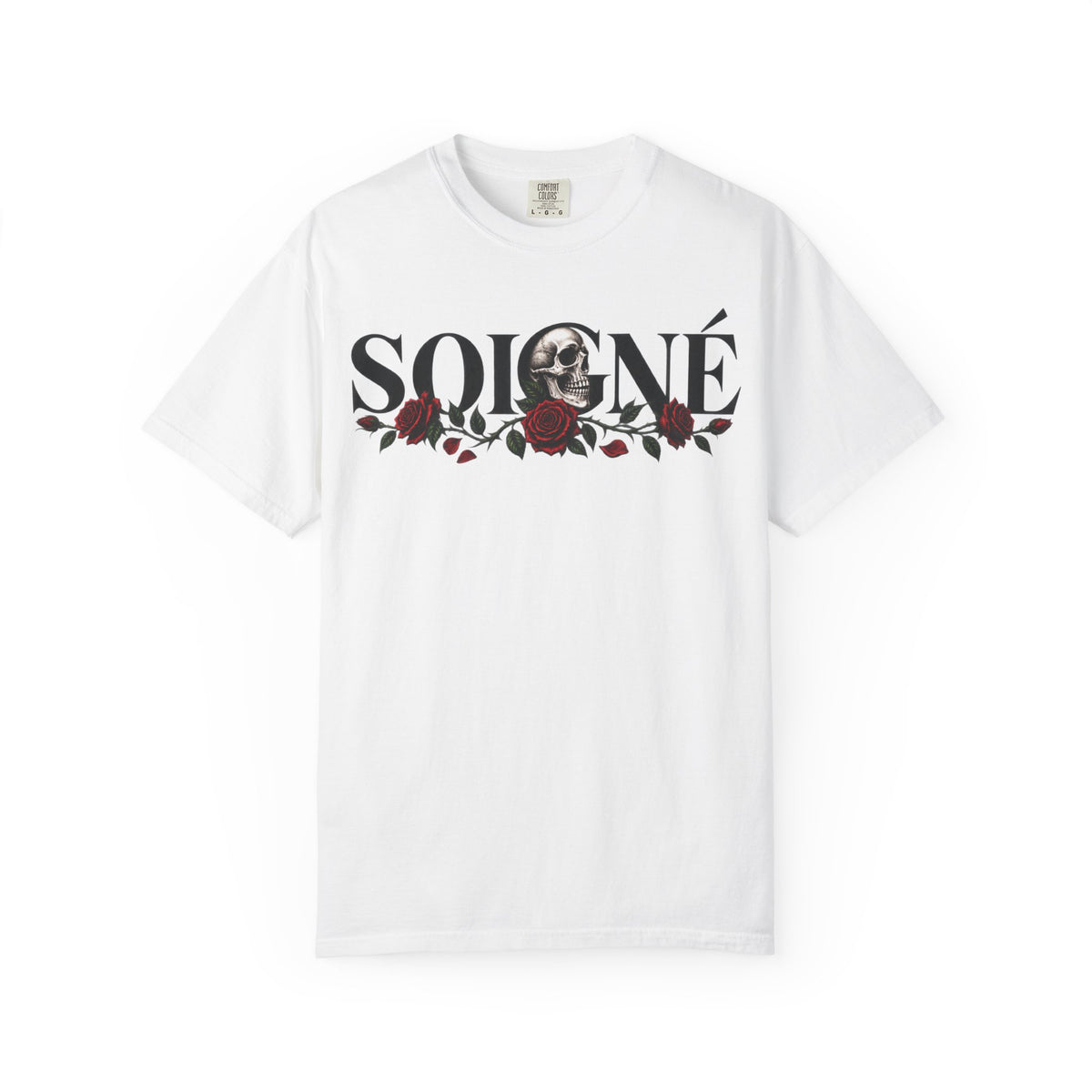 Solene Rose Graphic T‑Shirt — Skull & Red Rose Gothic Tee blk font